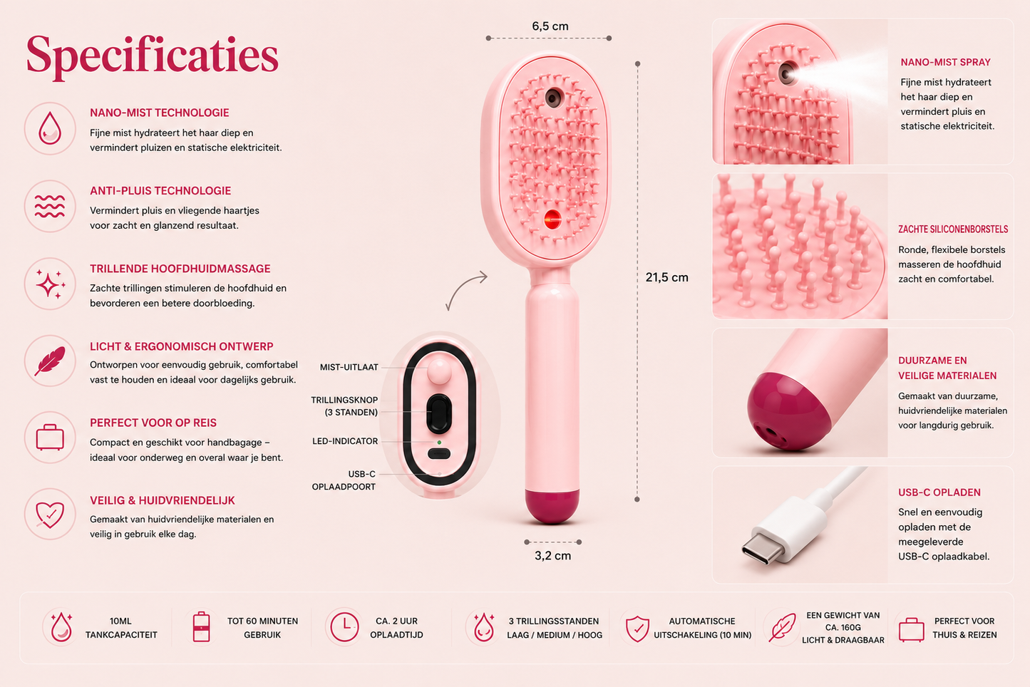 MistBrush – Elektrische sprayborstel met nanomist, hoofdmassage en anti-frizz technologie voor zachter, glanzender haar