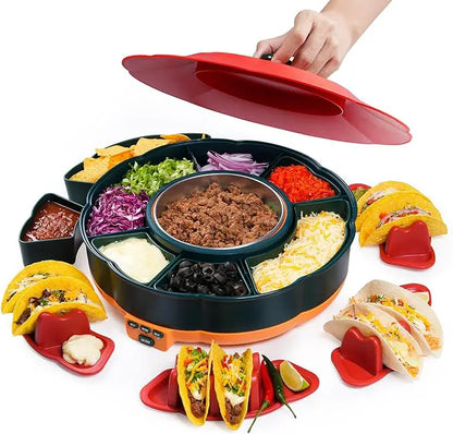 Taco Tuesday Kit – Draaibare serveerschaal met 6 vakken, verwarmde ovenschaal, 4 tacohouders