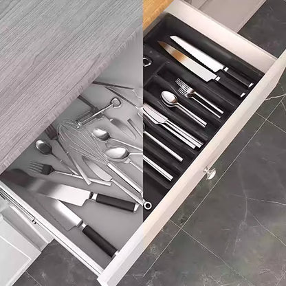 Uitschuifbare en verstelbare bestekhouder voor in de keuken