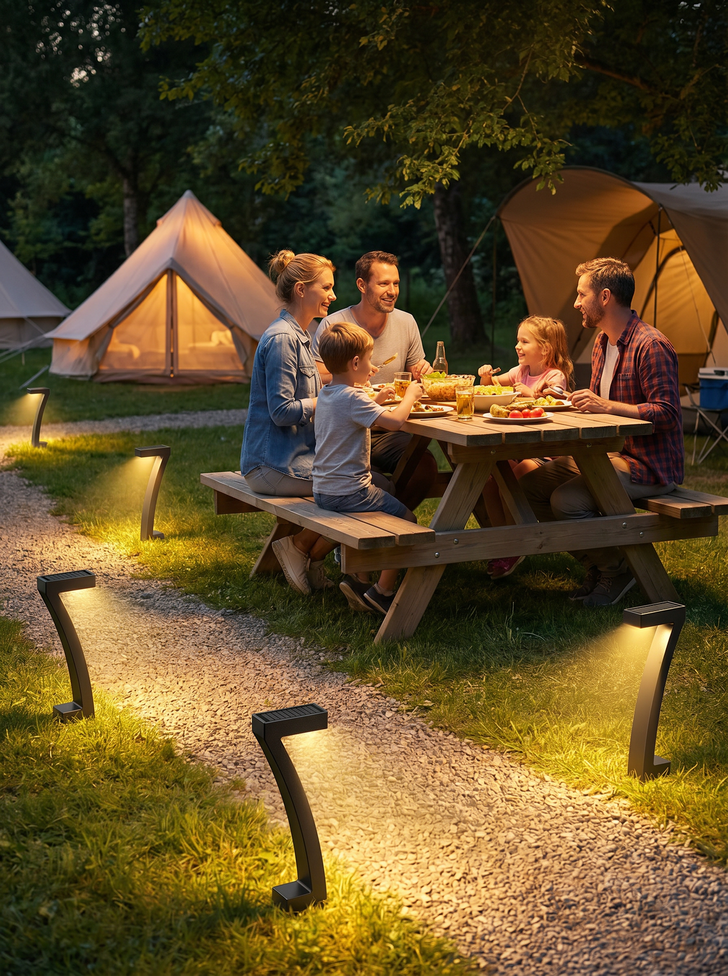 Moderne, op zonne-energie werkende padverlichting in een creatief ontwerp