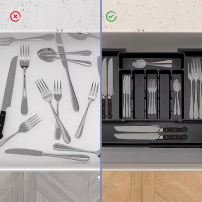Uitschuifbare en verstelbare bestekhouder voor in de keuken