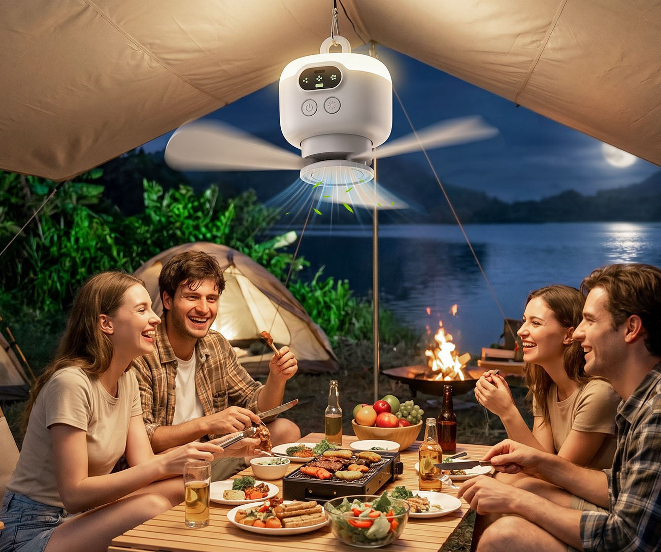 Draagbare campingventilator met ledverlichting en afstandsbediening