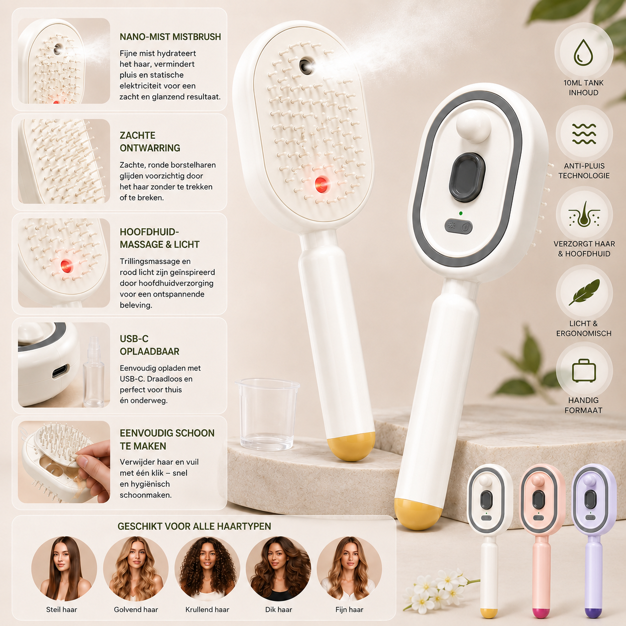 MistBrush – Elektrische sprayborstel met nanomist, hoofdmassage en anti-frizz technologie voor zachter, glanzender haar