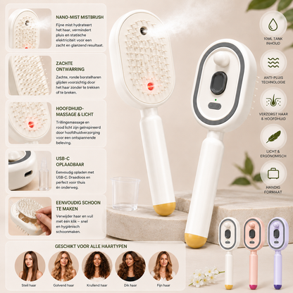 MistBrush – Elektrische sprayborstel met nanomist, hoofdmassage en anti-frizz technologie voor zachter, glanzender haar