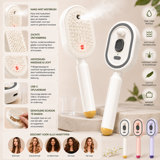 MistBrush – Elektrische sprayborstel met nanomist, hoofdmassage en anti-frizz technologie voor zachter, glanzender haar