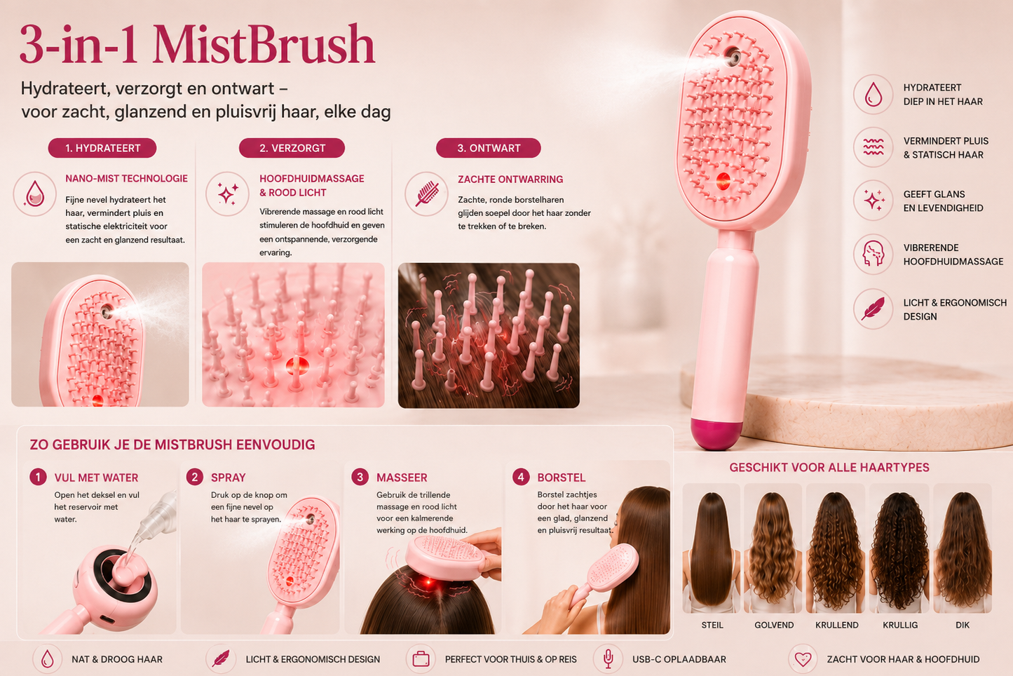 MistBrush – Elektrische sprayborstel met nanomist, hoofdmassage en anti-frizz technologie voor zachter, glanzender haar
