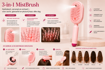 MistBrush – Elektrische sprayborstel met nanomist, hoofdmassage en anti-frizz technologie voor zachter, glanzender haar