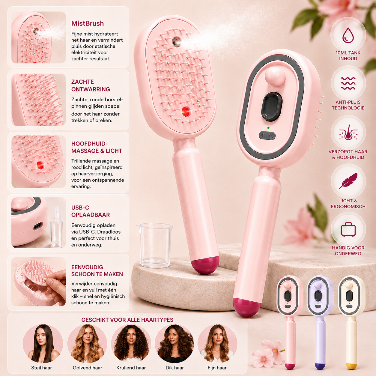 MistBrush – Elektrische sprayborstel met nanomist, hoofdmassage en anti-frizz technologie voor zachter, glanzender haar