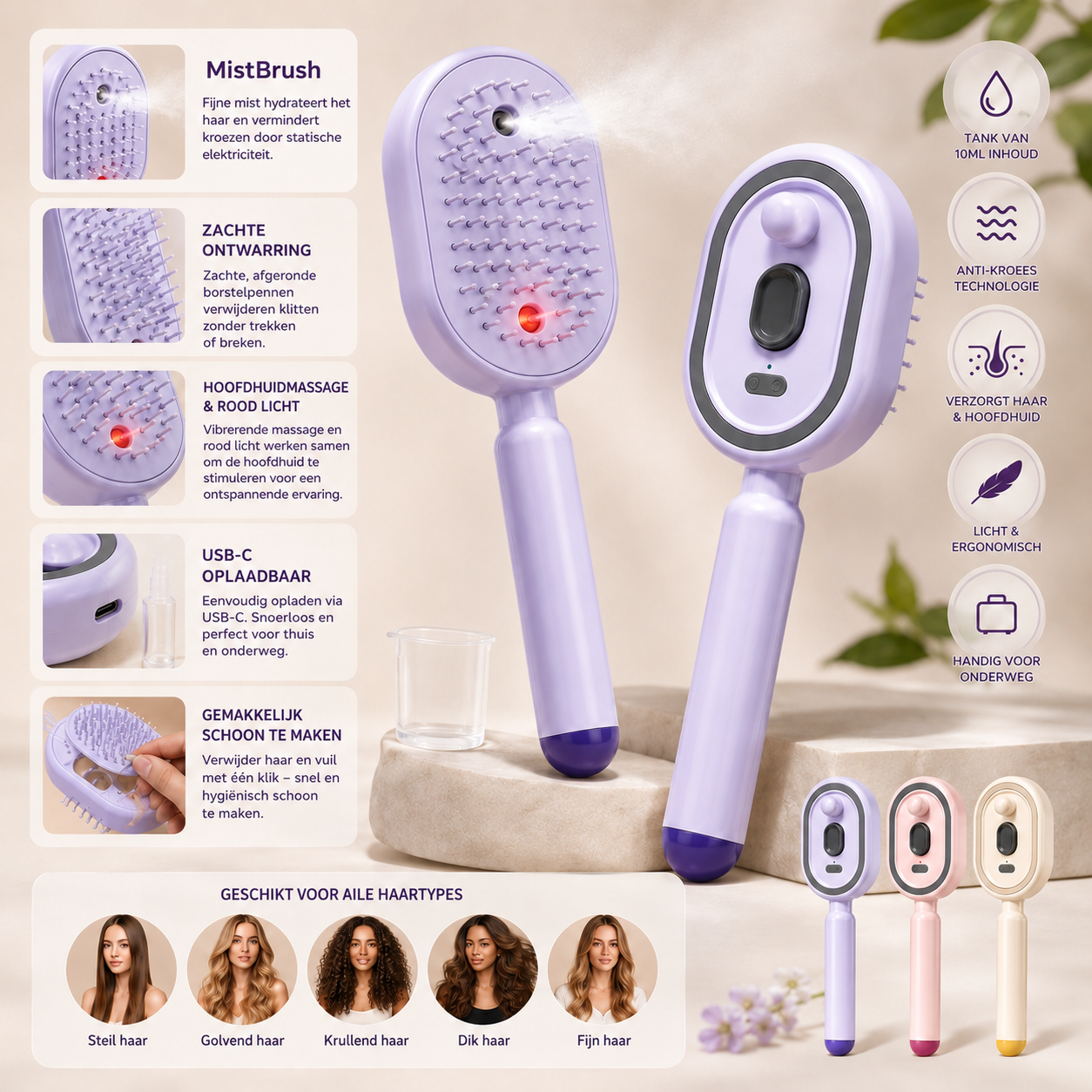 MistBrush – Elektrische sprayborstel met nanomist, hoofdmassage en anti-frizz technologie voor zachter, glanzender haar