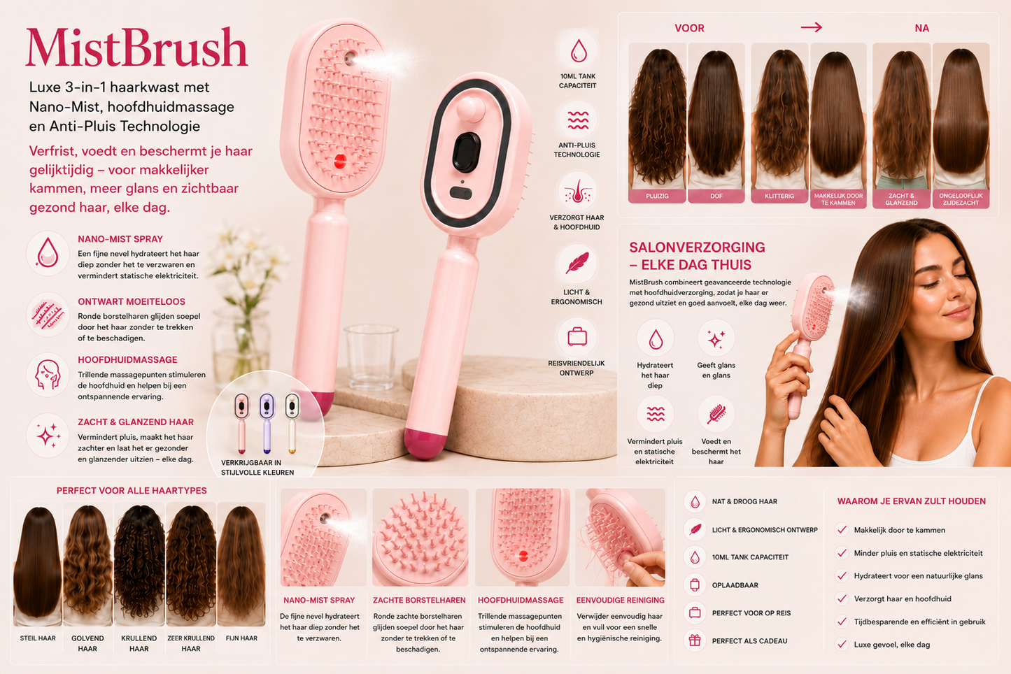 MistBrush – Elektrische sprayborstel met nanomist, hoofdmassage en anti-frizz technologie voor zachter, glanzender haar