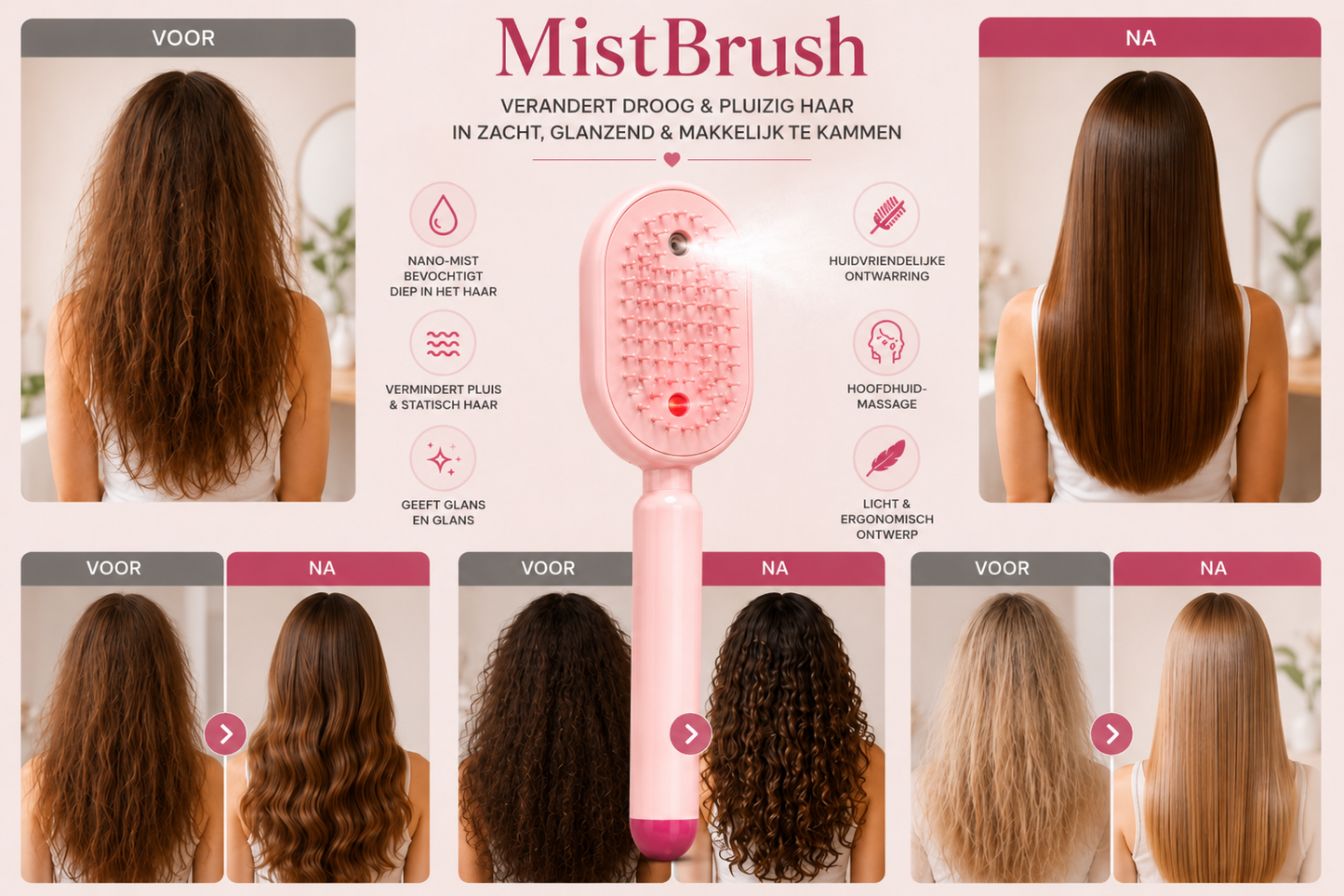 MistBrush – Elektrische sprayborstel met nanomist, hoofdmassage en anti-frizz technologie voor zachter, glanzender haar