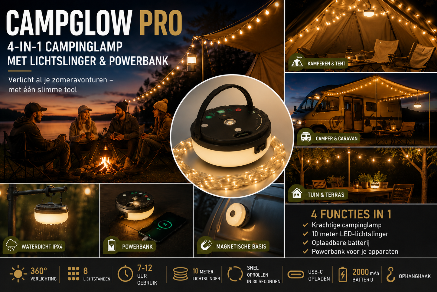 4-in-1 – Oplaadbare campinglamp met lichtsnoer en powerbank