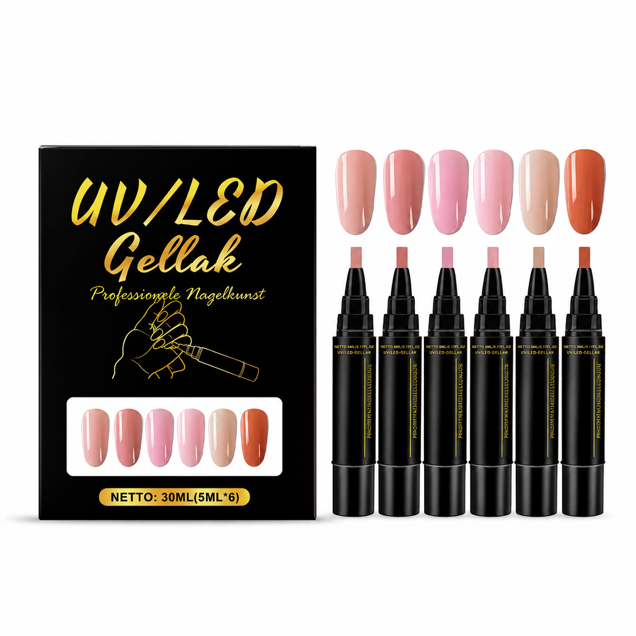 SalonPen – 3-in-1 gelpen voor nagels met UV-lamp (verpakking van 6 stuks)
