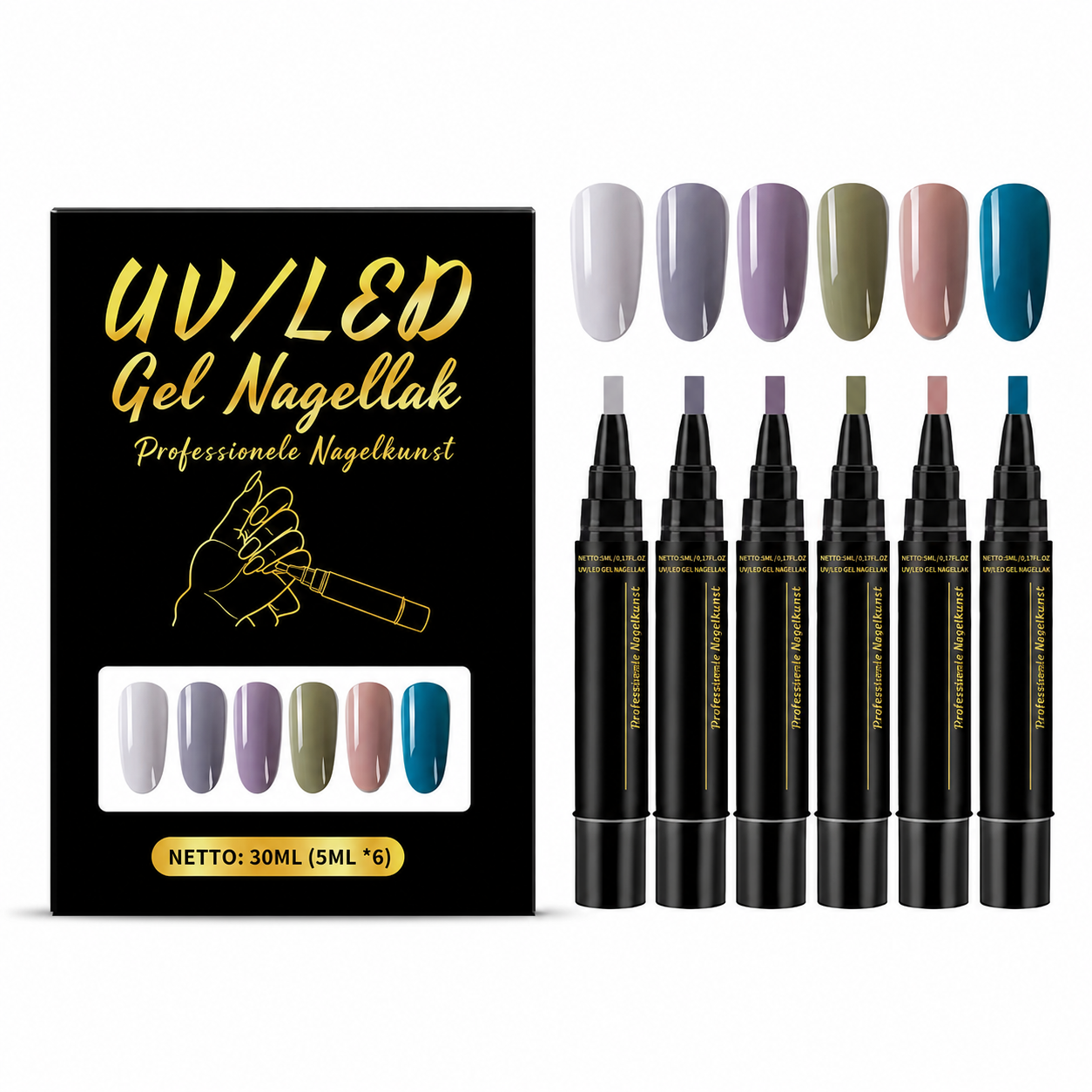 SalonPen – 3-in-1 gelpen voor nagels met UV-lamp (verpakking van 6 stuks)