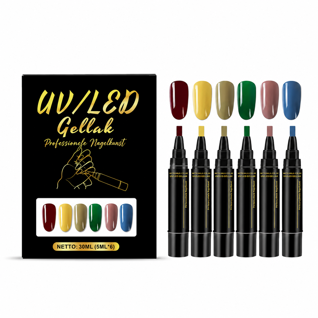 SalonPen – 3-in-1 gelpen voor nagels met UV-lamp (verpakking van 6 stuks)