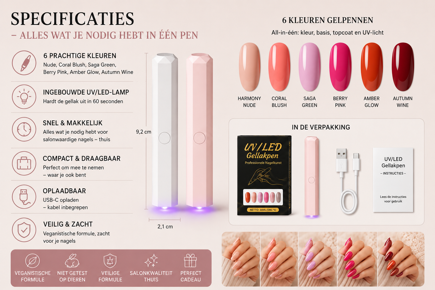 SalonPen – 3-in-1 gelpen voor nagels met UV-lamp (verpakking van 6 stuks)