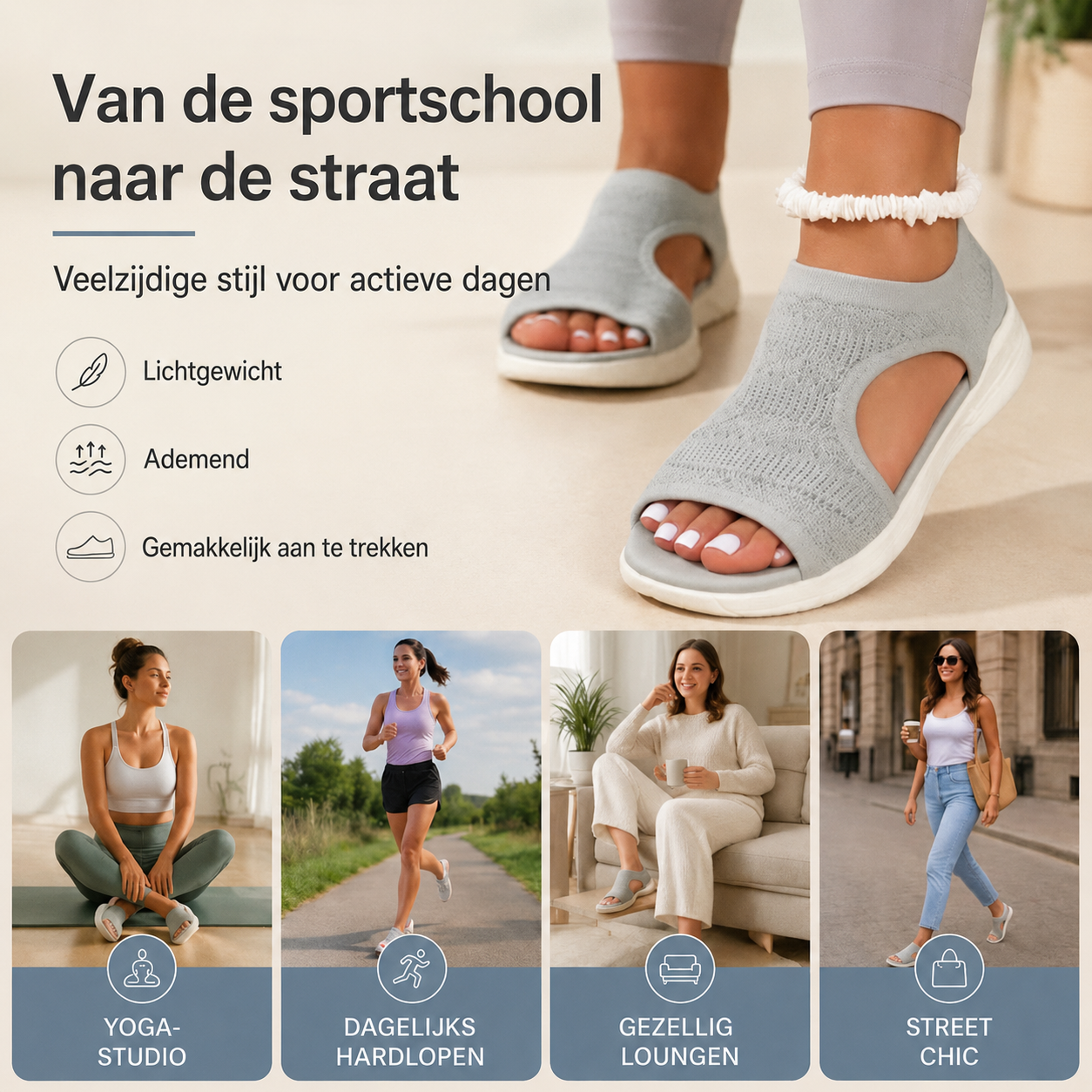 Comfortabele, ademende, platte sandalen