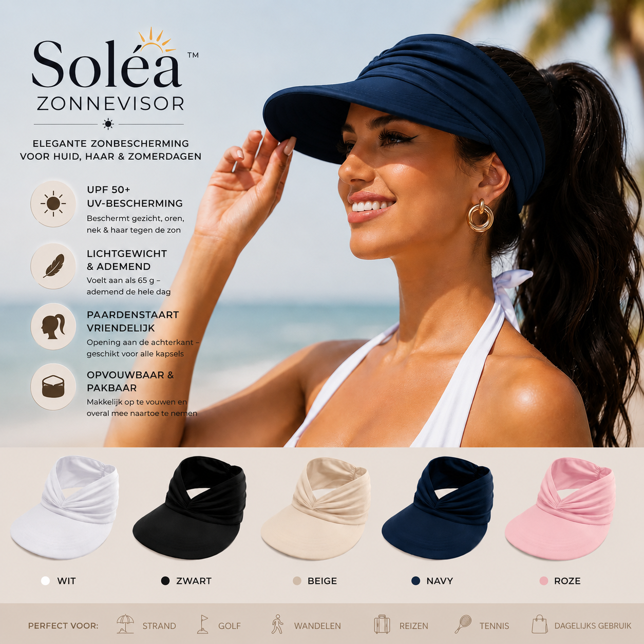 Soléa zonneklep – Elegante zonbescherming voor huid en haar, voor comfortabele zomerdagen