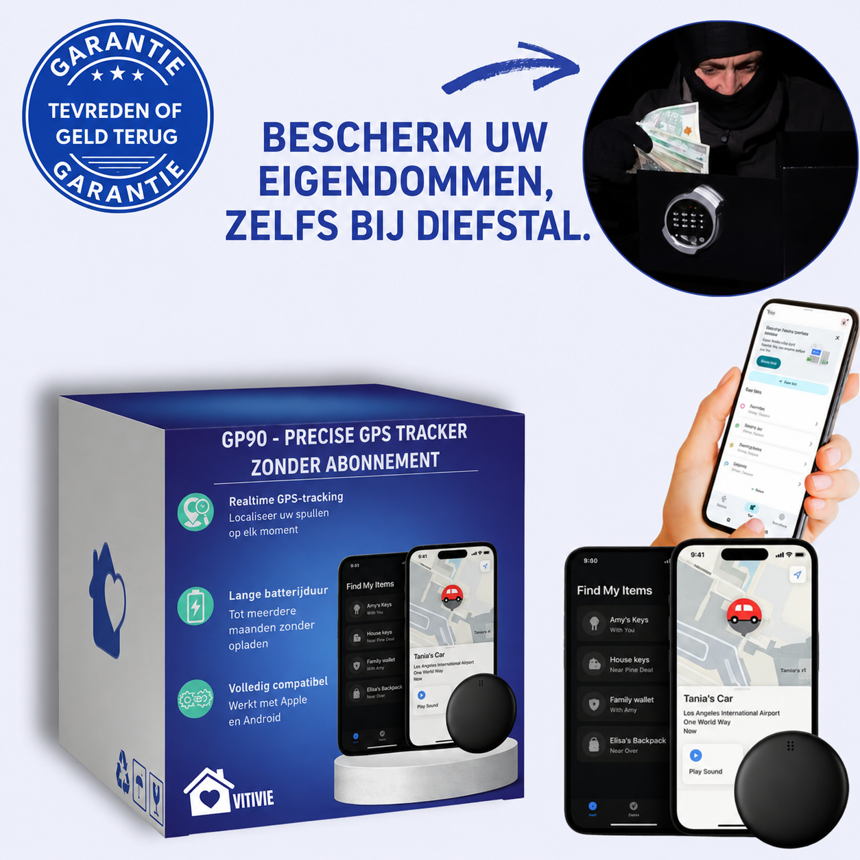 GP90 - Nauwkeurige GPS-tracker zonder abonnement (Android/Apple)