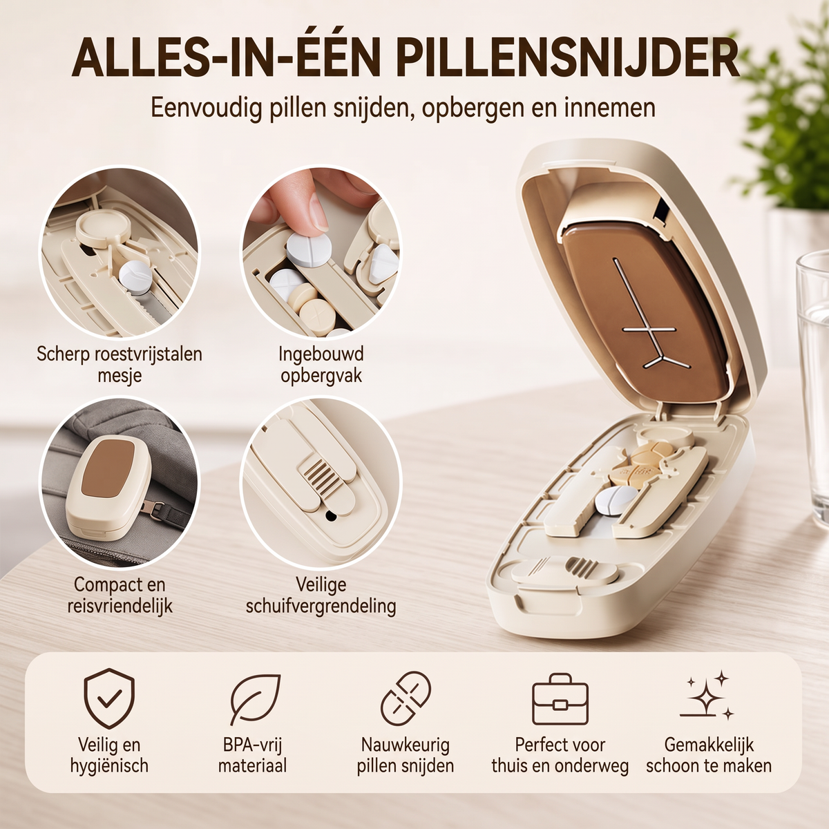 Draagbare Pillensnijder – Snijdt tabletten nauwkeurig, compact ontwerp voor op reis en thuisgebruik
