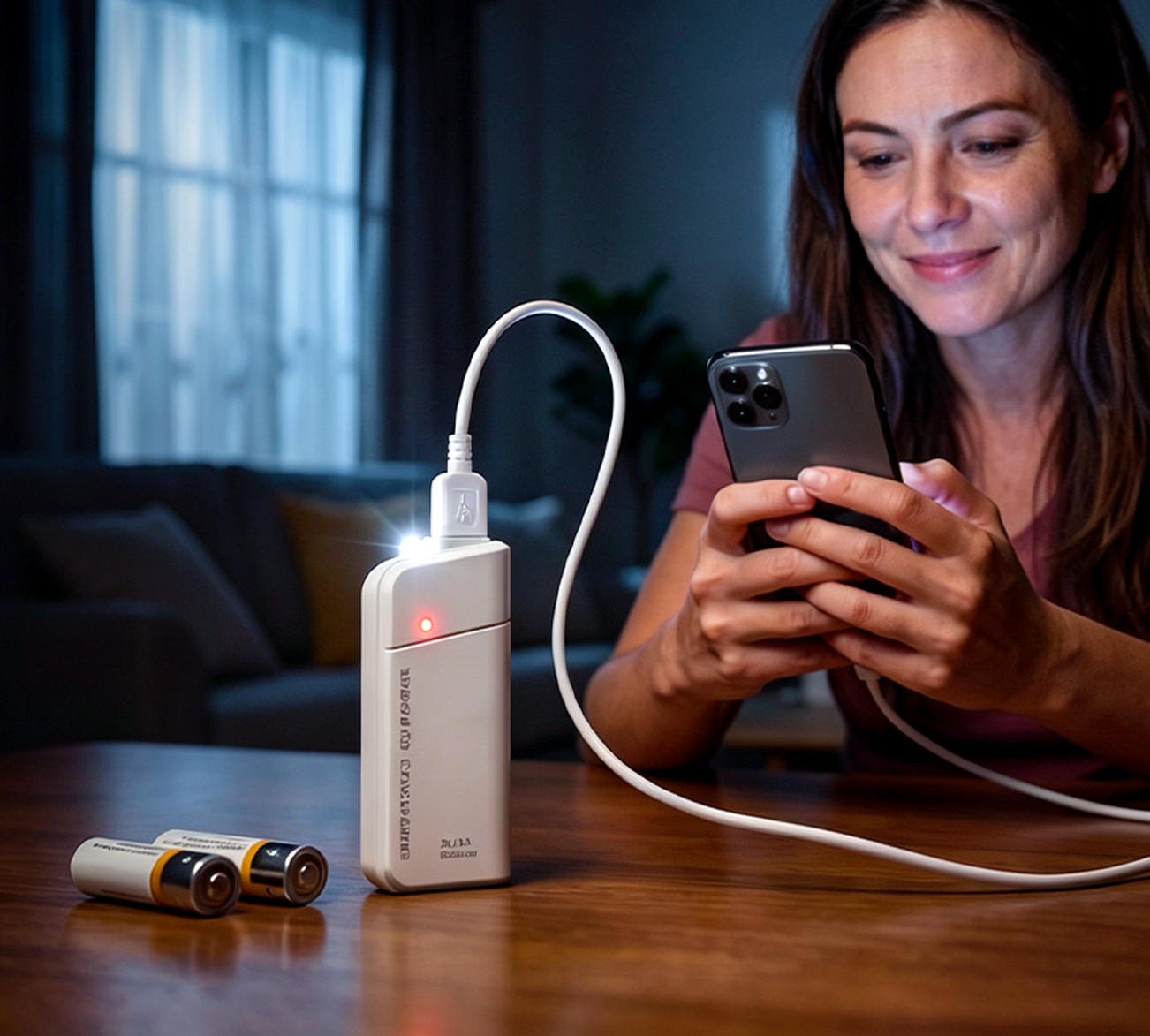 Draagbare noodlader met AA-batterijen – USB-opladen, compact en met LED-zaklamp – perfect voor op reis, woon-werkverkeer en stroomuitval