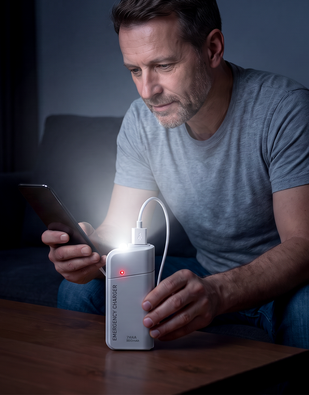 Draagbare noodlader met AA-batterijen – USB-opladen, compact en met LED-zaklamp – perfect voor op reis, woon-werkverkeer en stroomuitval