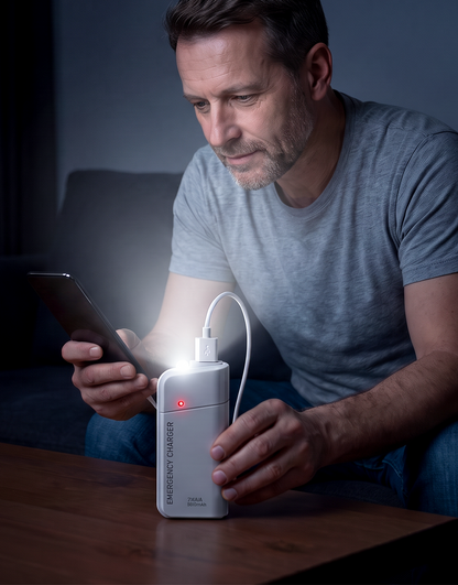 Draagbare noodlader met AA-batterijen – USB-opladen, compact en met LED-zaklamp – perfect voor op reis, woon-werkverkeer en stroomuitval
