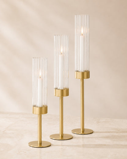 Elegante kandelaars met glazen cilinder in 3 hoogtes