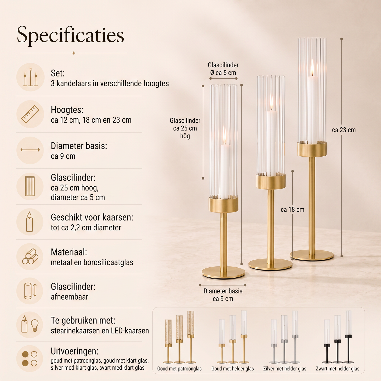 Elegante kandelaars met glazen cilinder in 3 hoogtes
