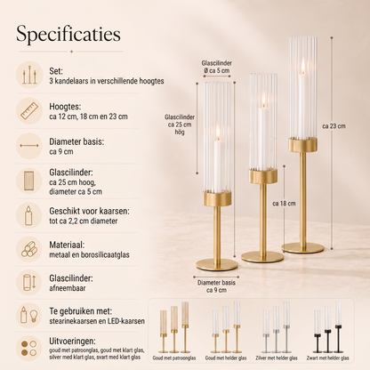 Elegante kandelaars met glazen cilinder in 3 hoogtes