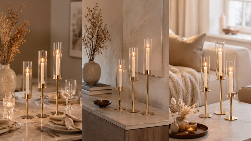 Elegante kandelaars met glazen cilinder in 3 hoogtes