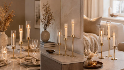 Elegante kandelaars met glazen cilinder in 3 hoogtes