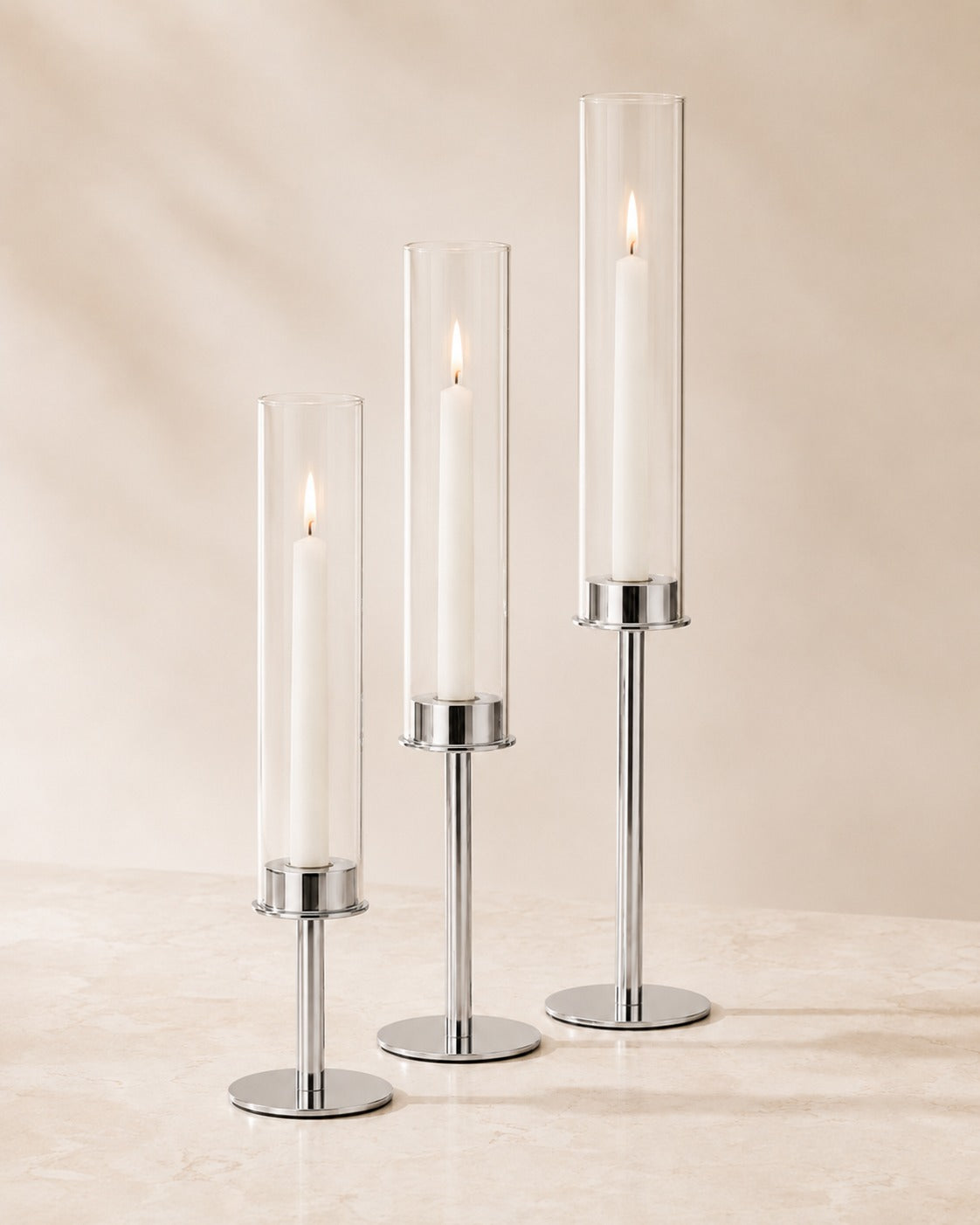 Elegante kandelaars met glazen cilinder in 3 hoogtes