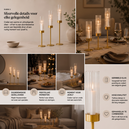 Elegante kandelaars met glazen cilinder in 3 hoogtes
