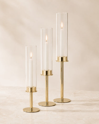 Elegante kandelaars met glazen cilinder in 3 hoogtes