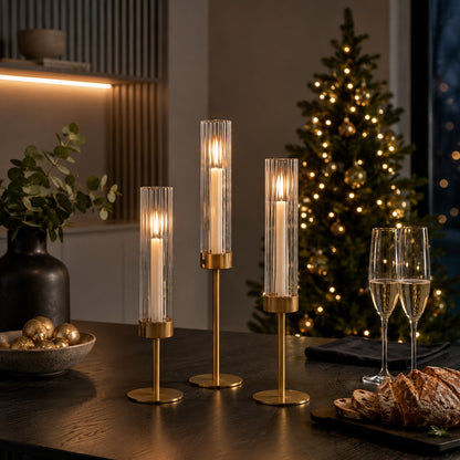 Elegante kandelaars met glazen cilinder in 3 hoogtes