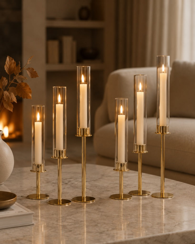 Elegante kandelaars met glazen cilinder in 3 hoogtes