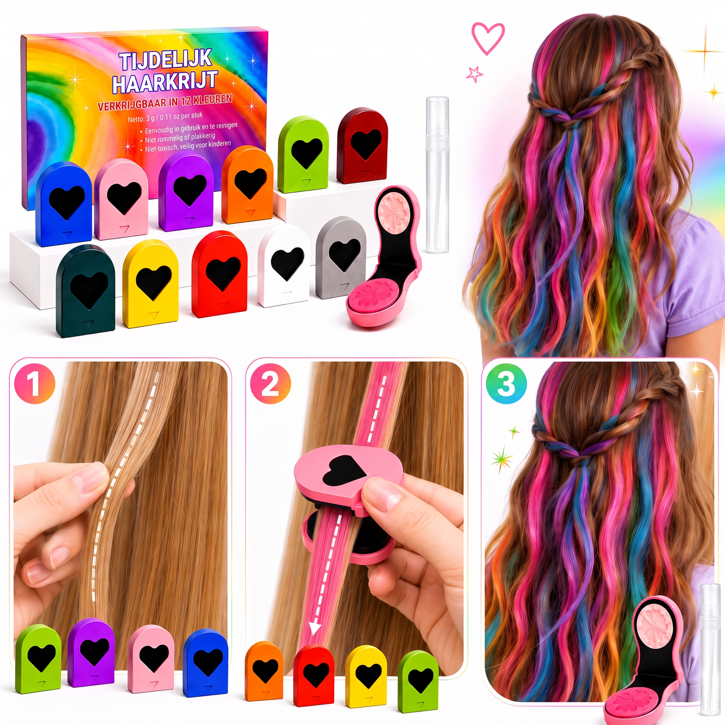 Haarkleurpotloden – 12 Uitwasbare Kleuren