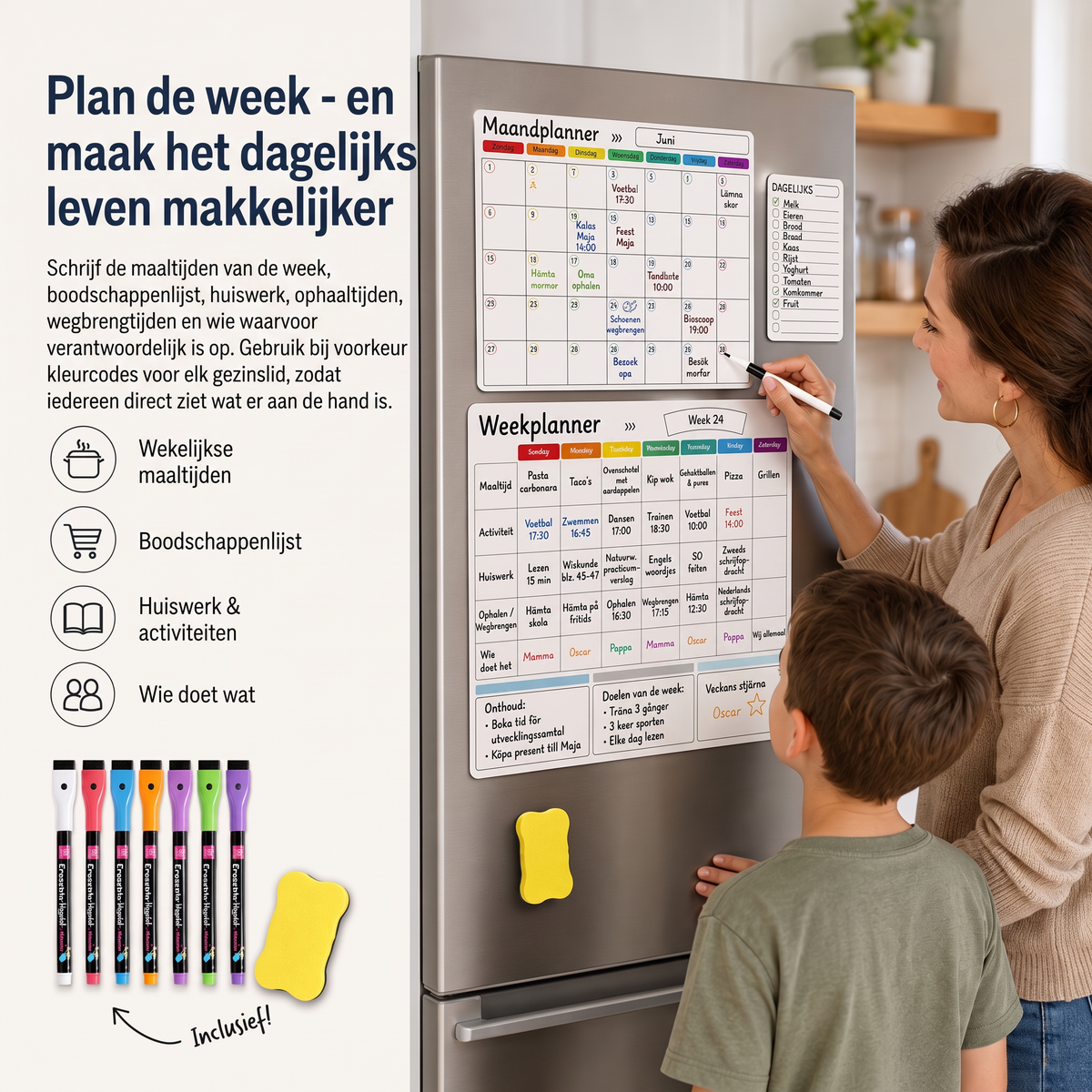 Magnetische gezinsplanner –  Maand-, week- en dagoverzicht