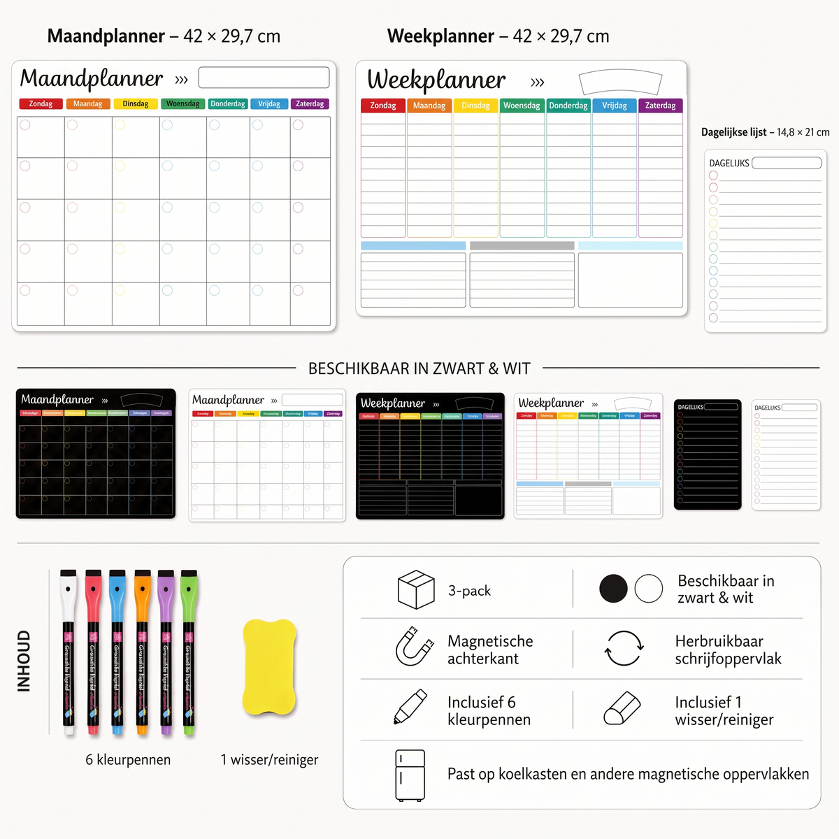 Magnetische gezinsplanner –  Maand-, week- en dagoverzicht