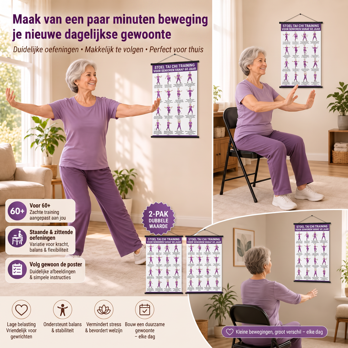 Tai Chi stoeltraining – set van 2 posters voor eenvoudige thuistraining (60+)