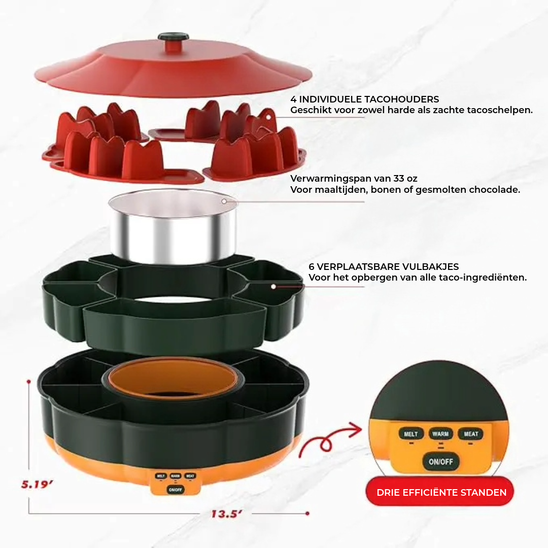 Taco Tuesday Kit – Draaibare serveerschaal met 6 vakken, verwarmde ovenschaal, 4 tacohouders