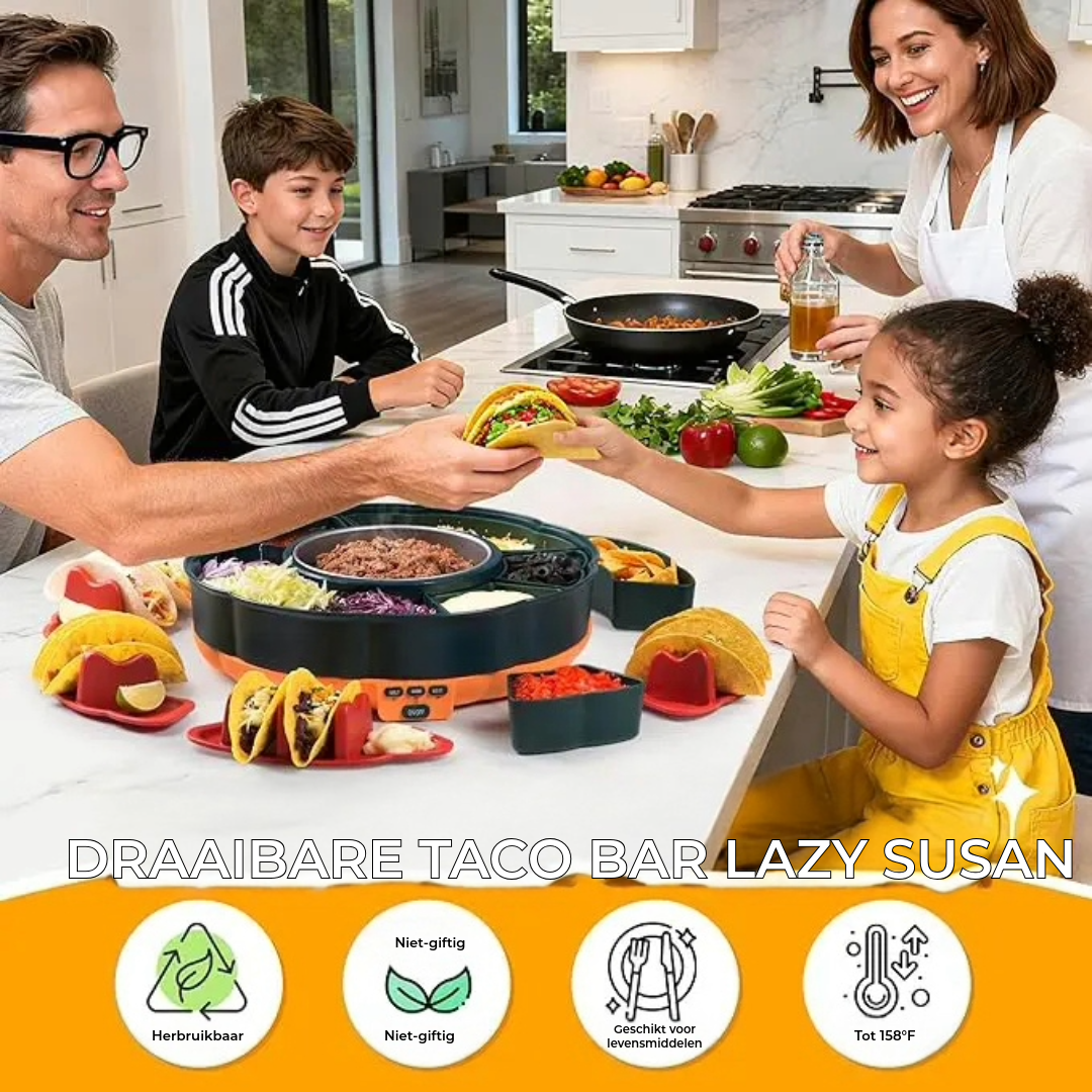 Taco Tuesday Kit – Draaibare serveerschaal met 6 vakken, verwarmde ovenschaal, 4 tacohouders