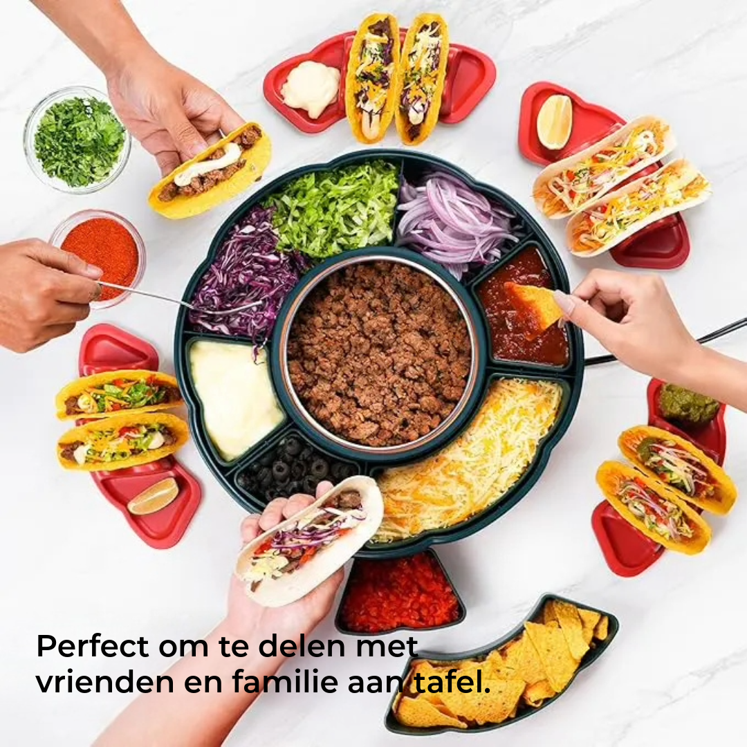 Taco Tuesday Kit – Draaibare serveerschaal met 6 vakken, verwarmde ovenschaal, 4 tacohouders