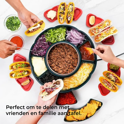 Taco Tuesday Kit – Draaibare serveerschaal met 6 vakken, verwarmde ovenschaal, 4 tacohouders