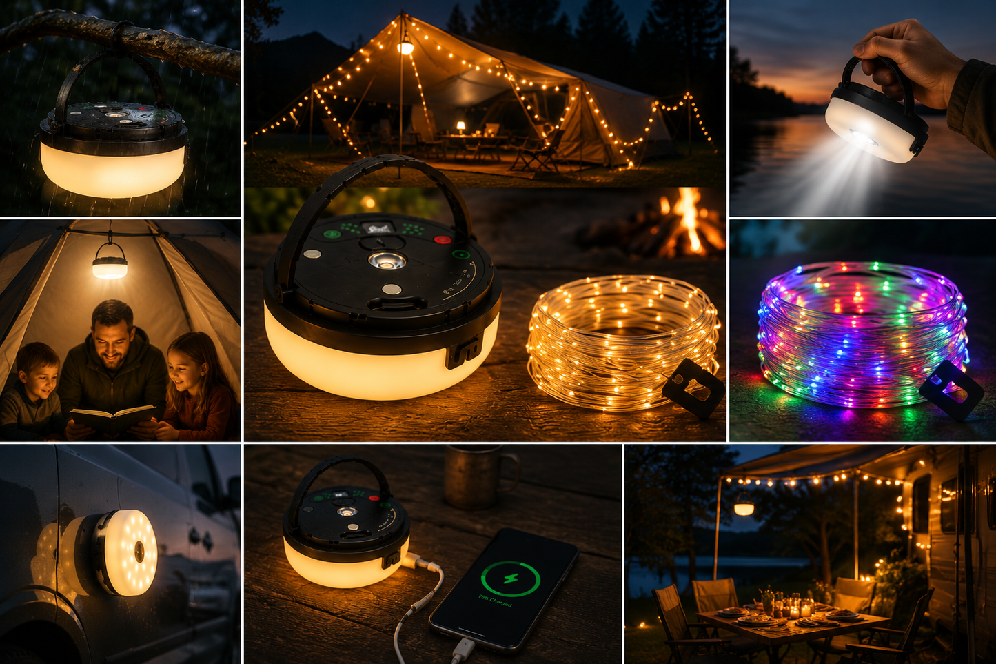 4-in-1 – Oplaadbare campinglamp met lichtsnoer en powerbank