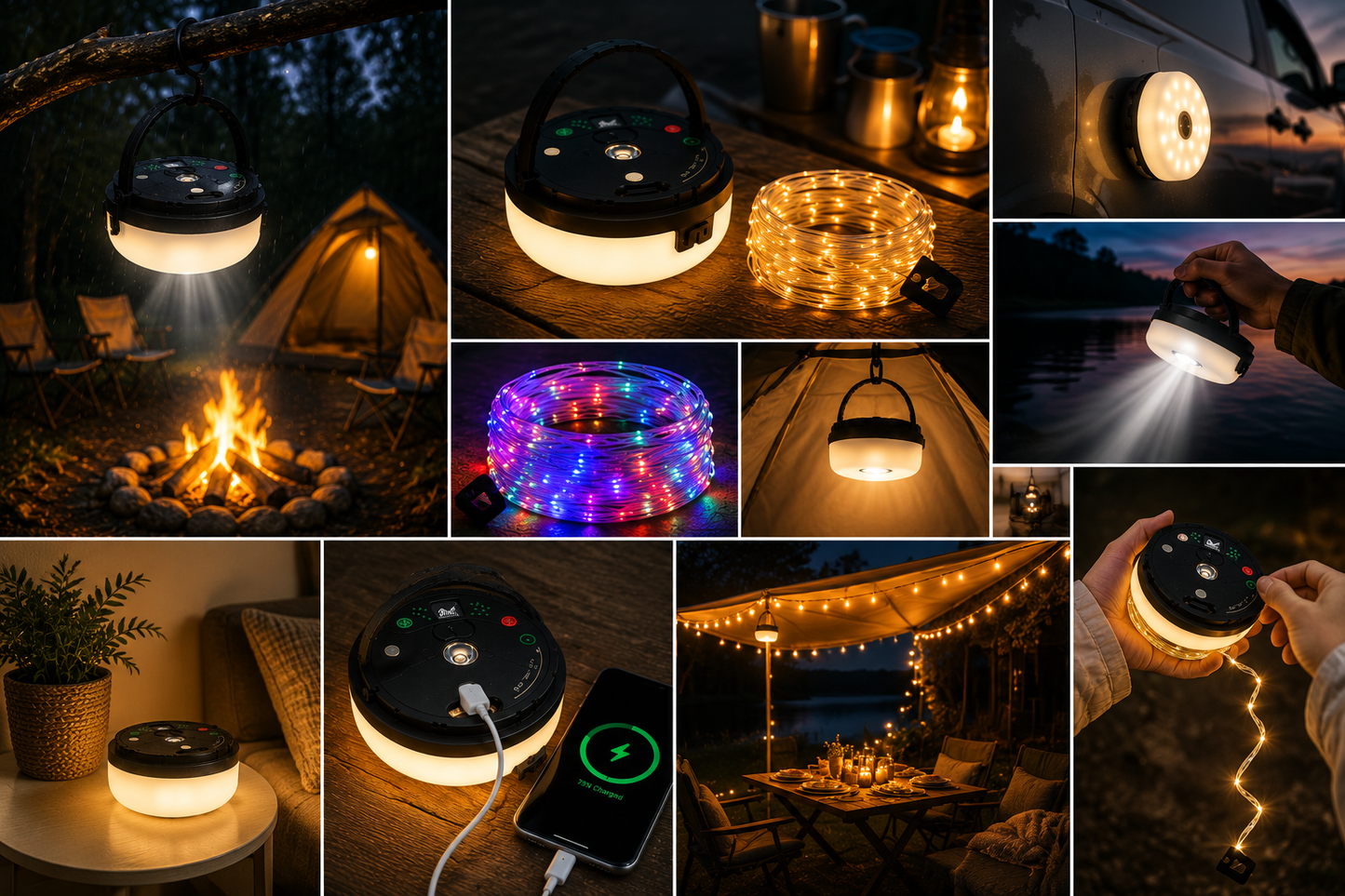 4-in-1 – Oplaadbare campinglamp met lichtsnoer en powerbank