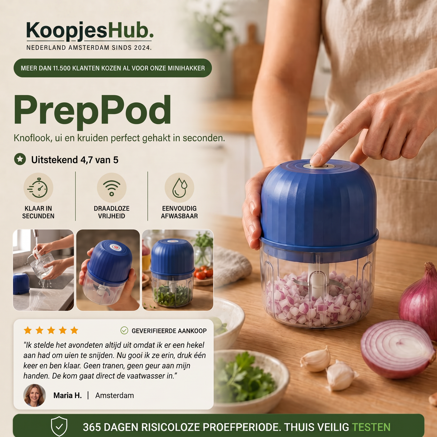 PrepPod – Draadloze minihakmolen voor knoflook, uien en kruiden in seconden